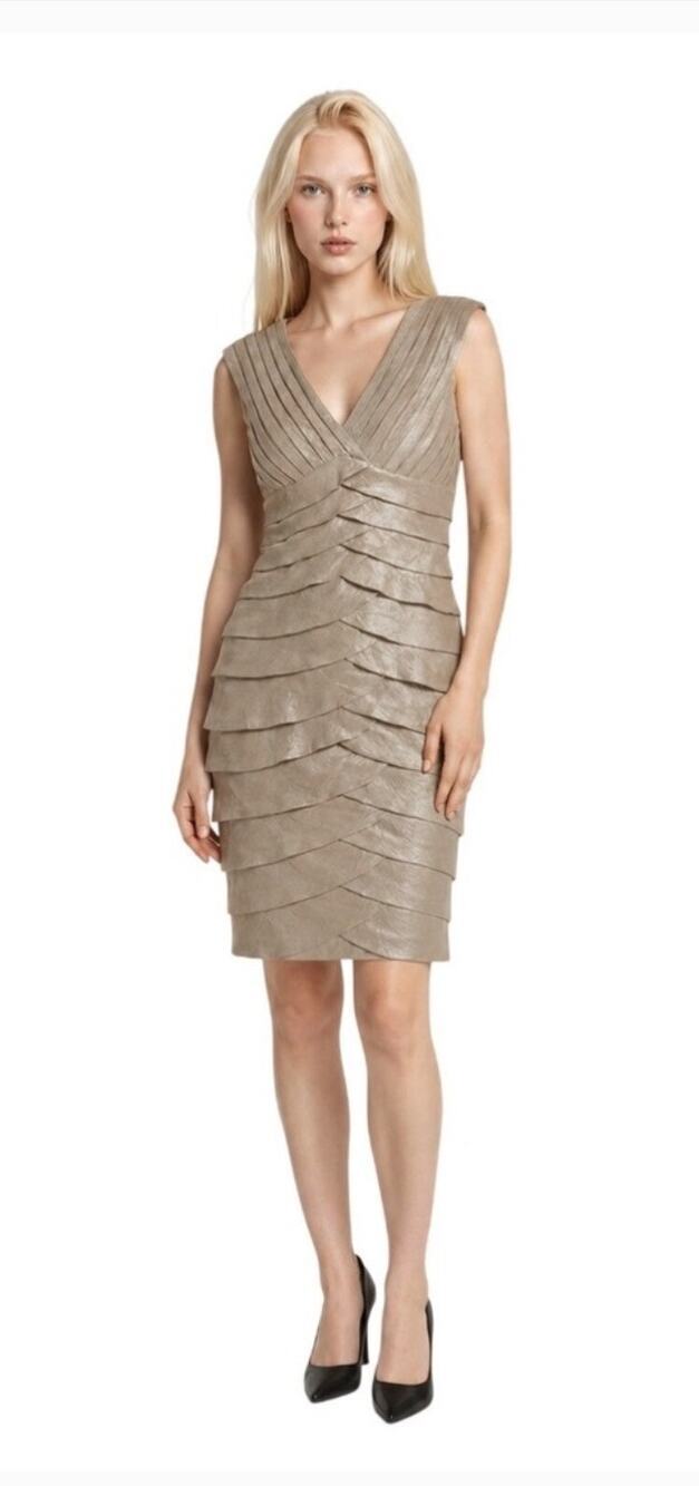Adrianna Papell Cocktail Dress Women's Size 12 Champagne Gold Metallic Pleated